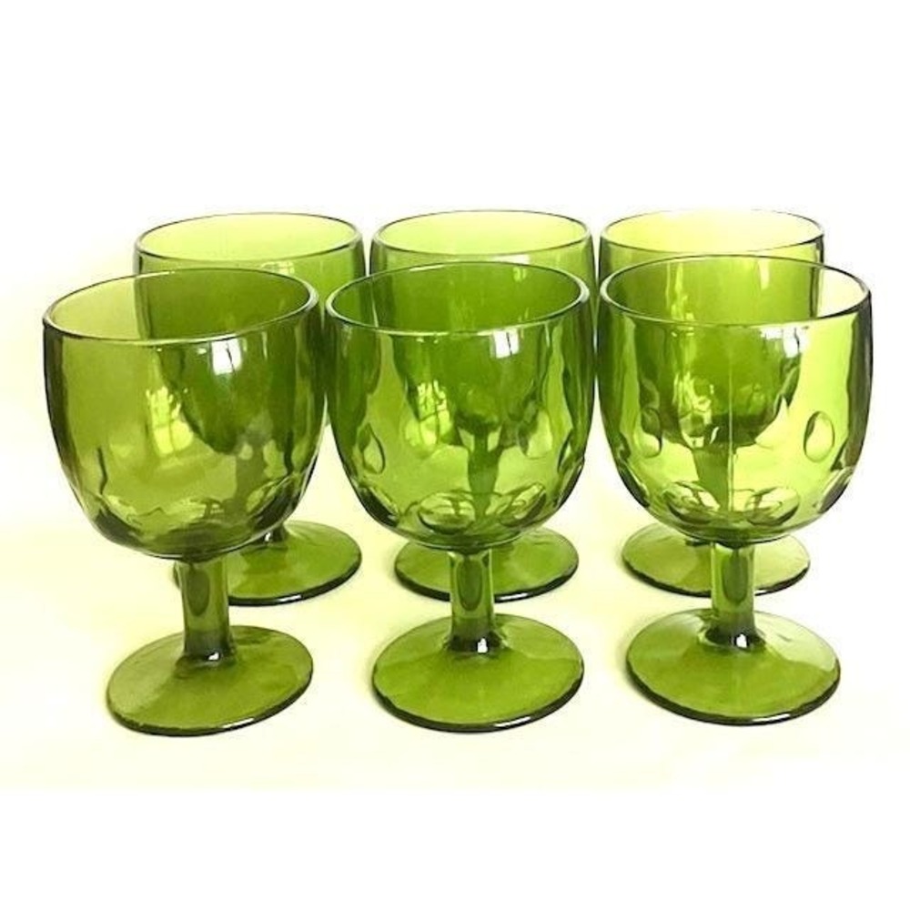 VTG Bartlett Collins Green Glass Stemmed Goblets Set Of 6  W Thumbprint Pattern